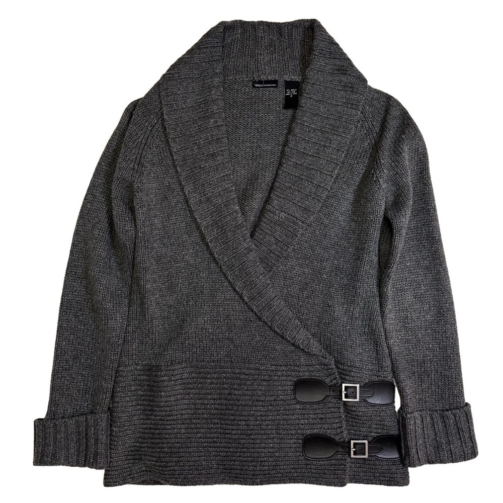 Moda International Gray Sweater Size Medium  Wrap Buckle Shawl Collar Ribbed NWT